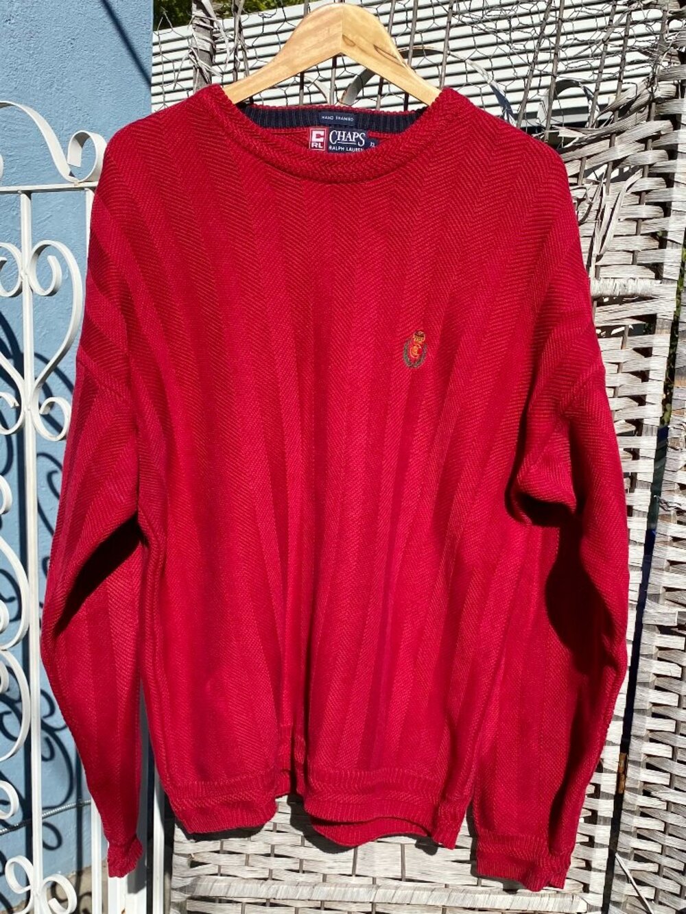 90s Red Chaps Ralph Lauren Crewneck Sweater Herringbone Embroidered Logo Vintage